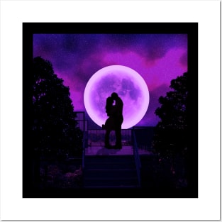 A boy and a girl are standing and making love in the moonlight. Posters and Art